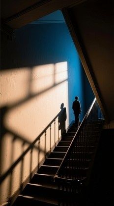 Schattige Treppe mit zwei Silhouetten im starken Fensterlicht